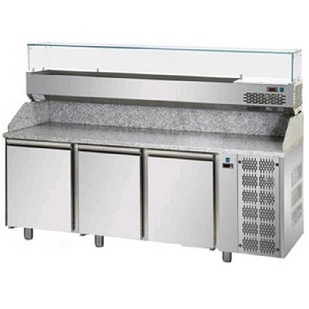 Chladiaci pizza stôl 600 x 400, 3 - dverový, granitový pult, s chladiacou vitrínou 10 x GN 1/4